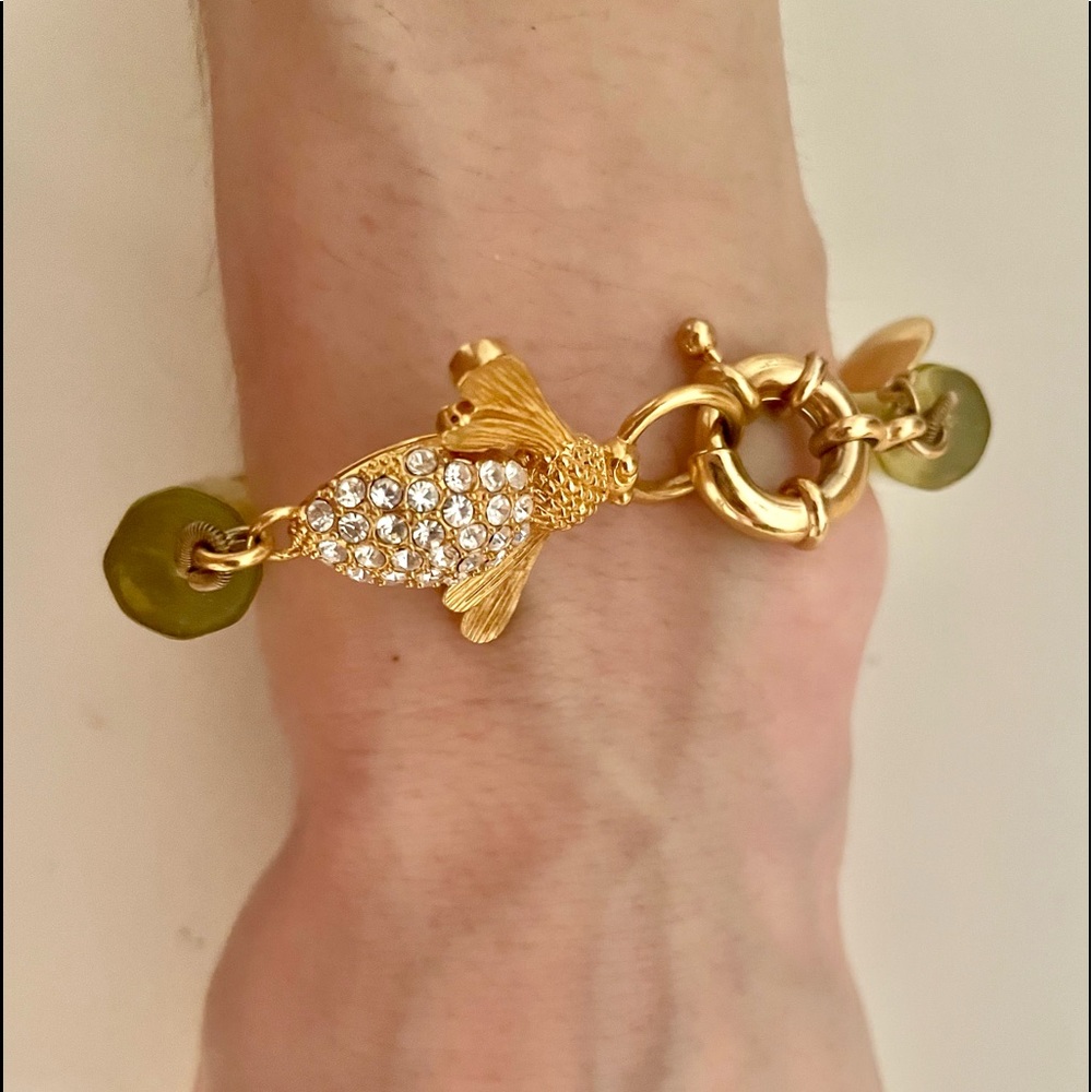 J Crew gold dragonfly gem and green bead bracelet